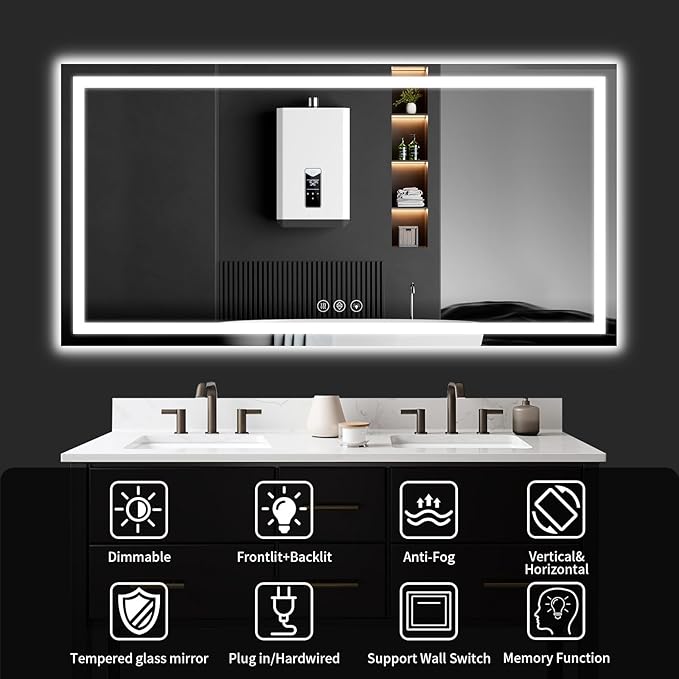 36"x55" LED Bathroom Mirror with Lights, Dimmable，Anti-Fog，Bathroom Vanity Mirror for Wall, Backlit + Front Lit, Memory Function, Shatter-Proof，Tempered Glass
