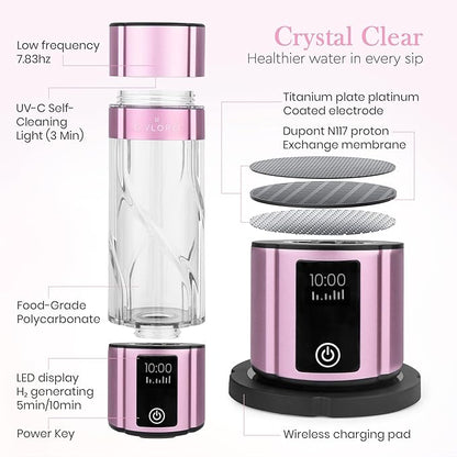 D’VLORO Hydrogen Bottle – Portable 10 OZ H₂ Infuser Hydrogen-Water-Bottle with UV Light – Electric Water Bottle 7.83Hz Tech, Wireless Charging Pad, 5-10 Min Cycles, Up to 4000+ PPB Concentration