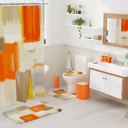 Bathroom Accessories Set - 25PC Bathroom Set with Shower Curtain and Rugs, Orange Bathroom Set, Bathroom Accessory Set with Press-on Lid Trash Can, Soap Dispenser and Qtip Holders