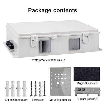 Outdoor Electrical Junction Box with High Power Outlet, ABS Water Resistant Enclosure with Internal Mounting Panel & Hinged Cover. (18.1" H* 12.6" L* 4.3" W & Outlet)