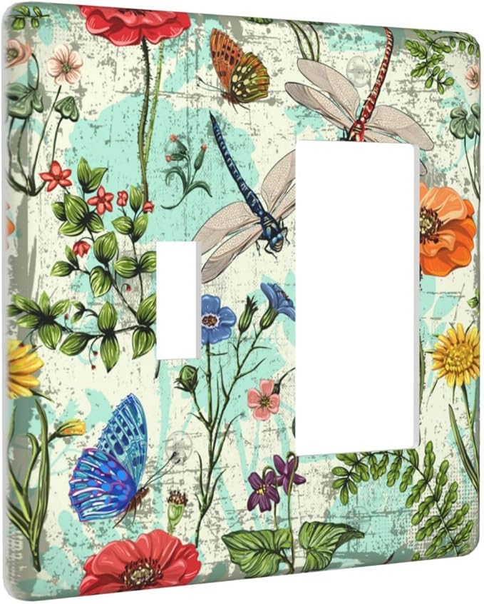 Dragonflies Flowers Butterfly 1 Toggle 1 Rocker Outlet Light Switch Cover Decorative Wall Plate Cover For Home Living Bedroom Kitchen Decorative