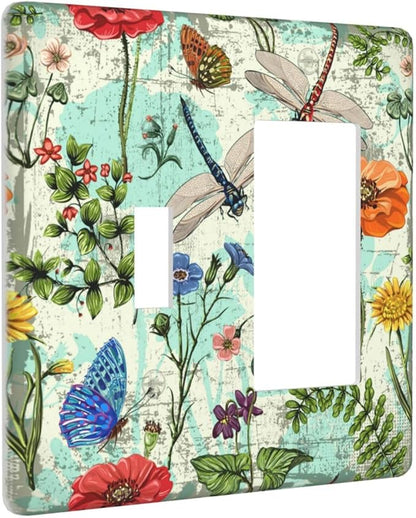Dragonflies Flowers Butterfly 1 Toggle 1 Rocker Outlet Light Switch Cover Decorative Wall Plate Cover For Home Living Bedroom Kitchen Decorative