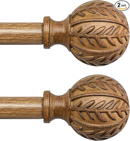 2 Pack Boho Wood Curtain Rods for Windows 28 to 48 inch,1" Adjustable Heavy Duty Window Curtain Rod with Imitation Wood Grain Finials,Rustic Decorative Drapery Rods Set 18-60'',Natural Wood