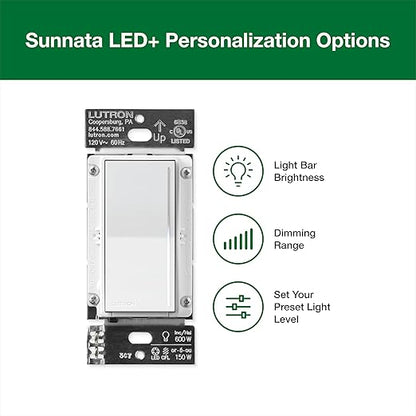 Lutron Sunnata Touch Dimmer Light Switch with Wallplate, LED+ Advanced Technology for LED and Incandescent, 3 Way/Multi Location, STCL-153MW-WH, White