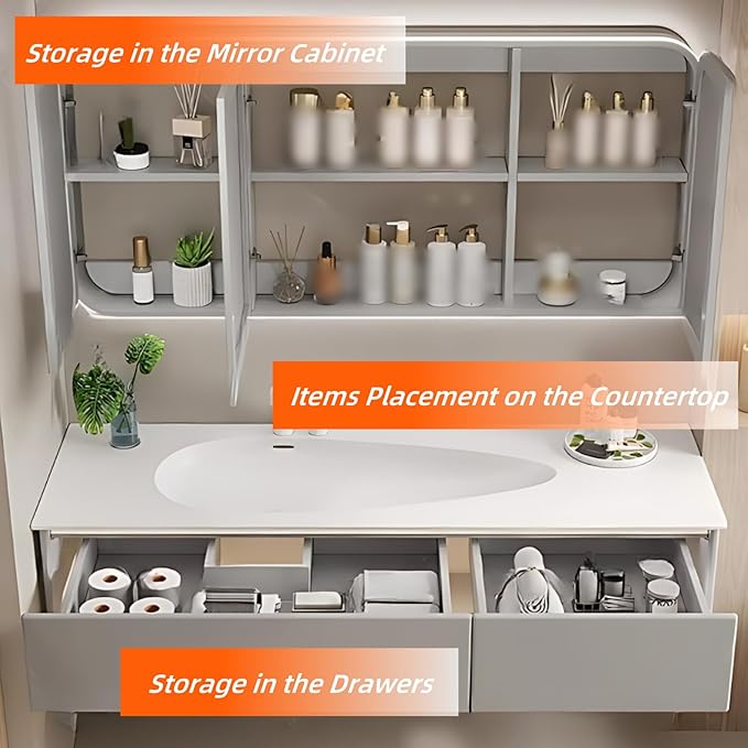 60IN Grey Bathroom Vanity Set - Floating Bathroom Vanity with Single Sink | Including LED Smart Defogging Mirror Cabinet & Time Display Function, Equipped with Motion Sensing Light Strip (Style B)