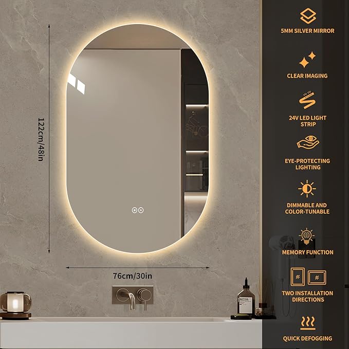 LAIYA 24V Full-Power Oval LED Bathroom Vanity Mirror,48X30inch Frameless Backlit Mirror with Light, Smart Anti-Fog Waterproof Mirror with Memory Function Dimmable Lighted Mirror