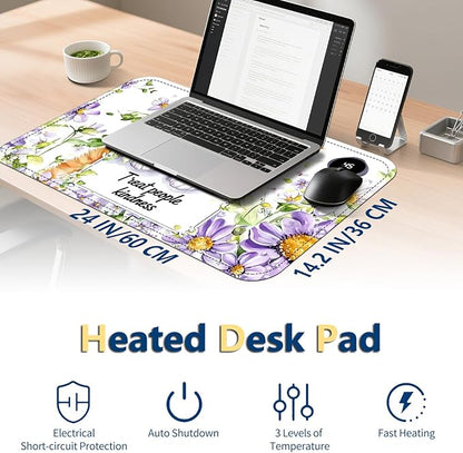 Heated Mouse Pad with 3 Temperature Settings(104°F–122°F),Large 24x14.2 Inch PU Leather Heated Desk Mat,Waterproof Warming Pad for Office,Gaming & Cold Hands Relief,Cute Cat Flower