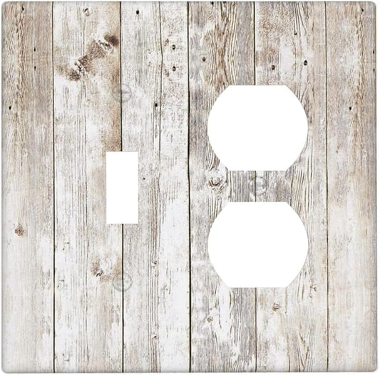 Vintage Light Wood Retro Rustic White Gray Oak Print Wallplates 1 Toggle 1 Duplex Switch Plate Electrical GFCI Faceplate Decorative Light Switch Covers for Farmhouse Home Decor