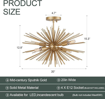 Starburst Chandelier, 4 Lights Modern Gold Sputnik Chandelier Vintage Light Fixture Flush Mount Ceiling Light for Bedroom Kitchen Island Entryway Foyer,20in