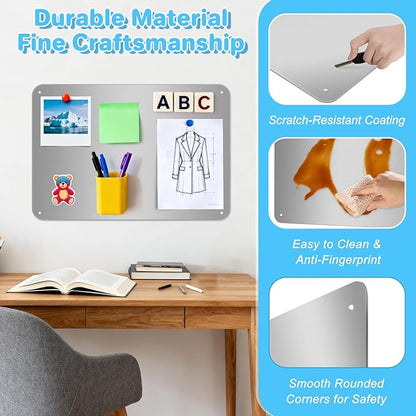 ARVOK 2 Pack Silver Magnetic Board 17.1" x 11.8", Metal Magnet Bulletin Board for Wall, Refrigerator, Cabinet, Display Notes, Photos, Poetry, Includes 8 Screws & 8 Dual Lock Tapes, 4 Support Screws