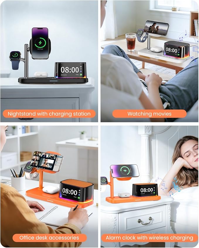 6-in-1 Wireless Charging Station for Multiple Apple Devices with Bluetooth Speakers Alarm Clock Night Light，Qi2.2 Phone Charger Stand for iPhone 17/16/15/14/13/12 Pro Max Apple Watch Airpods