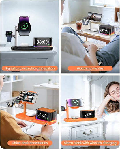 6-in-1 Wireless Charging Station for Multiple Apple Devices with Bluetooth Speakers Alarm Clock Night Light，Qi2.2 Phone Charger Stand for iPhone 17/16/15/14/13/12 Pro Max Apple Watch Airpods