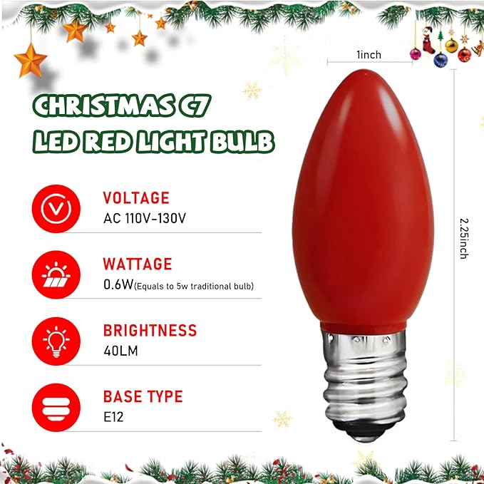 C7 LED Christmas Lights Replacement Bulbs, 25 Pack 0.6w C7 Ceramic Multicolor Light Bulbs with E12 Candelabra Base, Vintage Colored Light Bulbs for Indoor/Outdoor Christmas String Lights