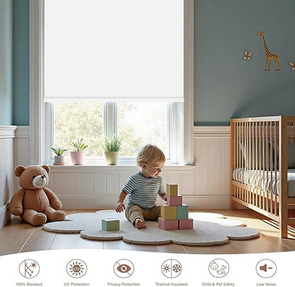 Motorized Roller Blinds with Remote, 100% Blackout Automatic Roller Shades for Bedroom, Bathroom, and Living Room, Customized Size, Moonlight White