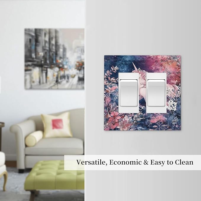 Decorative Outlet Covers Fantastic Pink Unicorn Wildflower Forest 2 Gang Double Rocker Light Switch Cover Plate Electrical Switch Plate Cover Decorate GFCI Wall Plate for Bedroom Kids room Decor