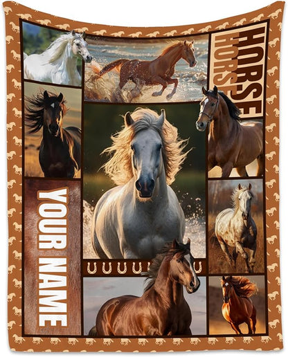 Custom Girls Blanket, Personalized Horse Gifts for Girl Ages 8-12 10-12, 40"x50" Kids Throw Blankets for Adults Women, Cowgirl Room Decor Western Throws for Animal Lovers