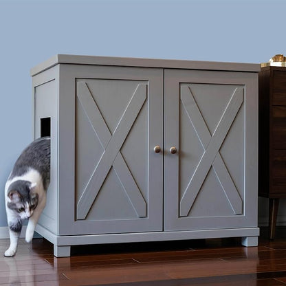 THE REFINED FELINE Cat Litter Box Enclosure Cabinet, Farmhouse, Smoke Gray, Square Feet, XLarge, Hidden Litter Cat Furniture with Drawer