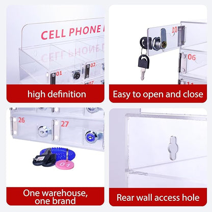 30 Slots Clear Cell Phone Locker,Acrylic Cell Phone Organizer Phones Storage Cabinet Wall Mounted with Door Locks Keys for Factory Office School 12.9X20.6X7.2inch
