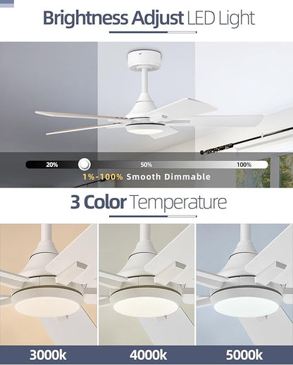 YOUKAIN Ceiling Fans with Lights, 42 Inch White Ceiling Fan, Smart Ceiling Fan Remote & APP Control, Reversible Blades, Modern Outdoor Ceiling Fans for Living Room, Bedroom, 42-YJ812-WH