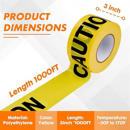 Caution Warning Tape – 3 Inch x 1000 Feet | Bright Safety & Hazard Tape with Bold Black Text for Construction, Events, and Dangerous Areas (Caution, 2 Pack)
