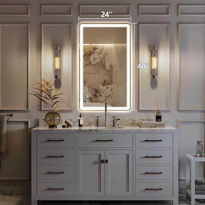 Niccy LED Bathroom Mirror, 40"x24" Rectangle Wall Mounted Vanity Mirrors with Metal Frame, Anti Fog Dimmable Smart Mirror for Bathroom/Bedroom/Livingroom/Entryway, (Horizontal or Vertical),Gold