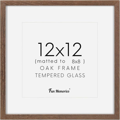 Square 12x12 Picture Frame, Oak Wood Frame 12 by 12, 12"x12" Photo Frames for Wall, 12 x 12 Picture Frame with Mat for 8 x 8, 12x12 Collage Wall Gallery Frame, Tempered Glass - Walnut Color, 1 Pack