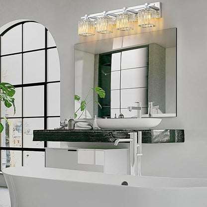 Crystal Bathroom Light Fixtures, 4 Light Chrome Vanity Lighting Over Mirror with Crystal Shades, Modern Bathroom Vanity Light for Restroom, Bath, Cabinet and Powder Room