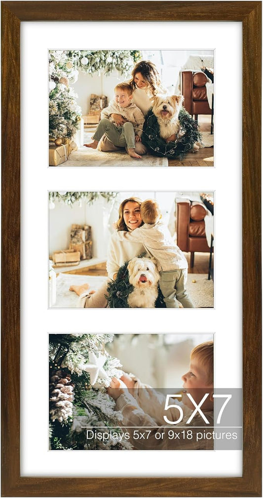 Golden State Art Three 5x7 Collage Picture Frame - Solid Wood with Tempered Glass - Multi Picture Frame Display Three 5x7 Photos with Mat - or One 9x18 Frame Without Mat for Wall Decor, Brown