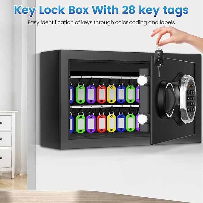 28 Keys Combination Lock Key Cabinet, Anti-Theft Key Lock Box with Key Tags, Key Organizer Wall Mount for Car Garage House Rental Office Business