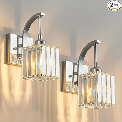 Wall Sconces, Set of 2 Chrome Crystal Vanity Lights, Modern Wall Lamp for Bathroom, Hallway, and Makeup, Easy Installation