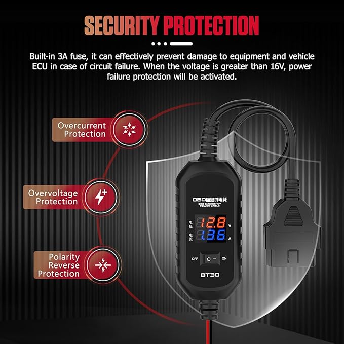 OBD2 Vehicle ECU Emergency Power Supply Cable - OBD II Car Memory Saver Cable with Over-Current, Over-Voltage, Polarity Reverse Protection