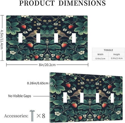Light Switch Covers Strawberry Birds Flowers Plant Morris Floral Quad Toggle Electrical Faceplate 4 Gang Wall Plate Decorative Switch Plates for Bedroom Farmhouse Decor