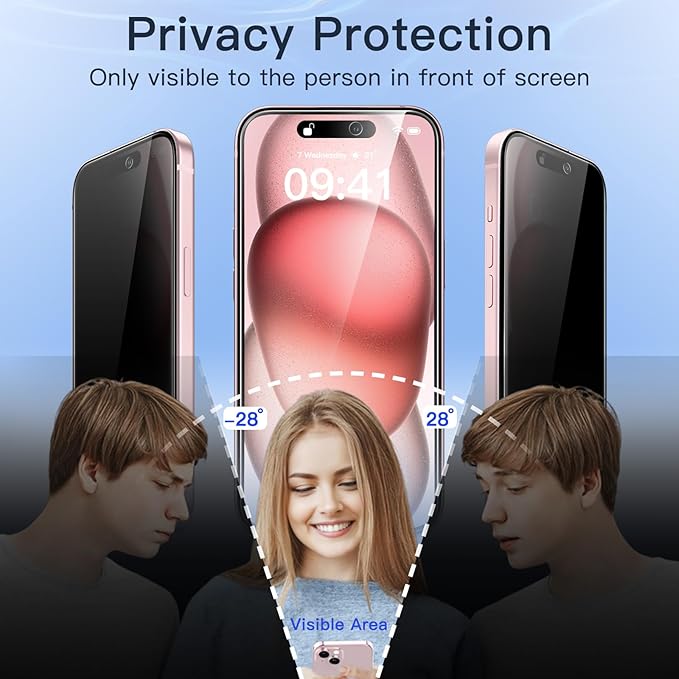 JETech Privacy Screen Protector for iPhone 15 6.1-Inch with Camera Lens Protector, Anti-Spy Tempered Glass Film, Easy Installation Tool, 2-Pack Each