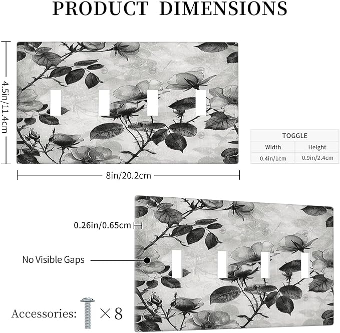 Light Switch Covers Black Breezy Watercolor Garden Floral Quad Toggle Electrical Faceplate 4 Gang Wall Plate Decorative Switch Plates for Bedroom Home Decor