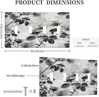 Light Switch Covers Black Breezy Watercolor Garden Floral Quad Toggle Electrical Faceplate 4 Gang Wall Plate Decorative Switch Plates for Bedroom Home Decor