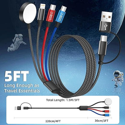 Dual Type-C Port 4 in 2 USB C Cable for Apple iWatch Charger/iPhone 17, Travel Charger Multi Charging Cable Cord for iWatch Ultra/SE/10-1, iPhone16-8, iPad, Android, Car, Cruise Essentials - 1Pc 5FT