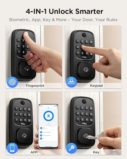 TCL Smart Lock D1, Fingerprint Keyless Entry Front Door Lock, Wi-Fi Keypad Deadbolt Lock, Works with Alexa/Google Assistant, Easy Installation, Remote Control, Auto-Lock(Black)