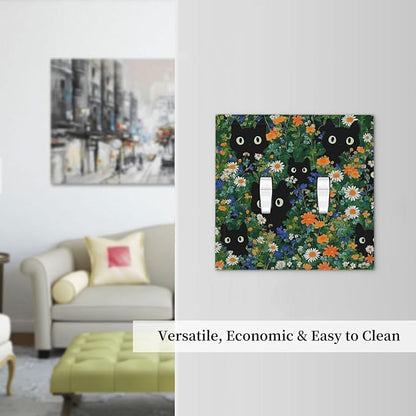 Boho Funny Black Cute Cats Daisy Wildflower Decorative Switch Plates 2 Gang Double Toggle Outlet Light Switch Cover Wall Plate Electrical Faceplate For Kids Room Bed Room Decor