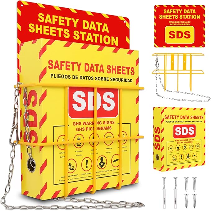 SDS MSDS Binder and Wall Station Bilingual Yellow 2 Inch Safety Data Sheet 3 Ring Binder with SDS Wire Rack Chain Self-tapping Screws SDS Station Sign Wall Mounted for Workplace English Spanish