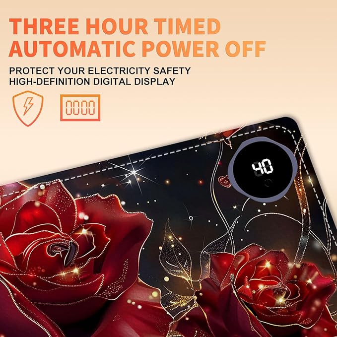 Heated Mouse Pad, Warm Desk Pad, Keyboard Mat 31.5 x 13 Inch Large Size Intelligent Fast Heating, 3 Speed Adjustable, Timed Auto Power Off for Game Office Home,Flowers Roses