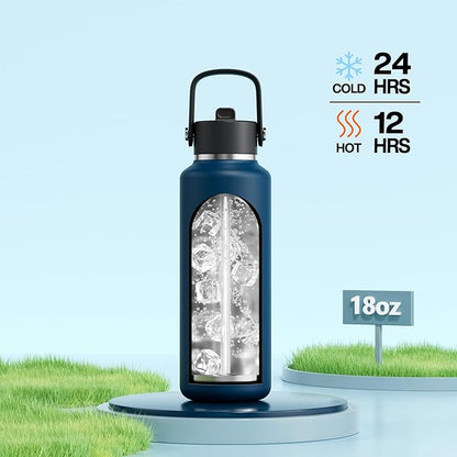 POWCAN Kid Water Bottle Insulated: Leakproof Lid with Straw, Lightweight, BPA-Free, Flex Cap, Stainless Steel Water Bottle for School, Boy, Outdoors, Walking, Cycling, Camping, Birthday (Indigo Blue)