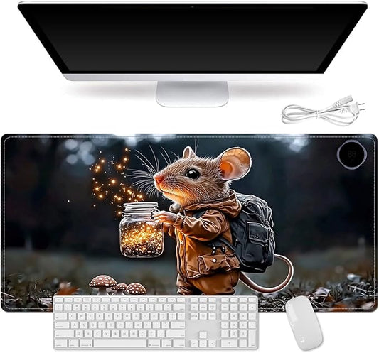 Heated Mouse Pad for Desk 31.5" x 13" – PU Leather Warm Desk Pad with 3 Heat Levels (104°F/113°F/122°F), Plug-in Electric Heating Mat with Auto Shut-Off, Waterproof & Rollable, Mouse with Lantern
