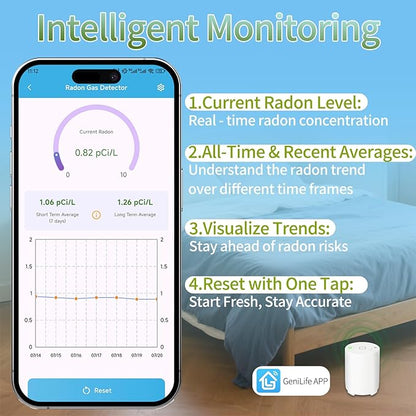 Bluetooth Radon Detector for Home, High-Precision Sensor, Real-Time Radon Gas Monitoring, Short & Long-Term Data with Trend Charts, App Control, Rechargeable Battery, LED Alerts