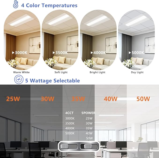 2x4 LED Troffer Light,25W/30W/35W/40W/50W & 3000K/3500K/4000K/5000K Selectable,6500LM 0-10V Dimmable,ETL DLC Listed,100-277V,for Office & Warehouse,4 Pack