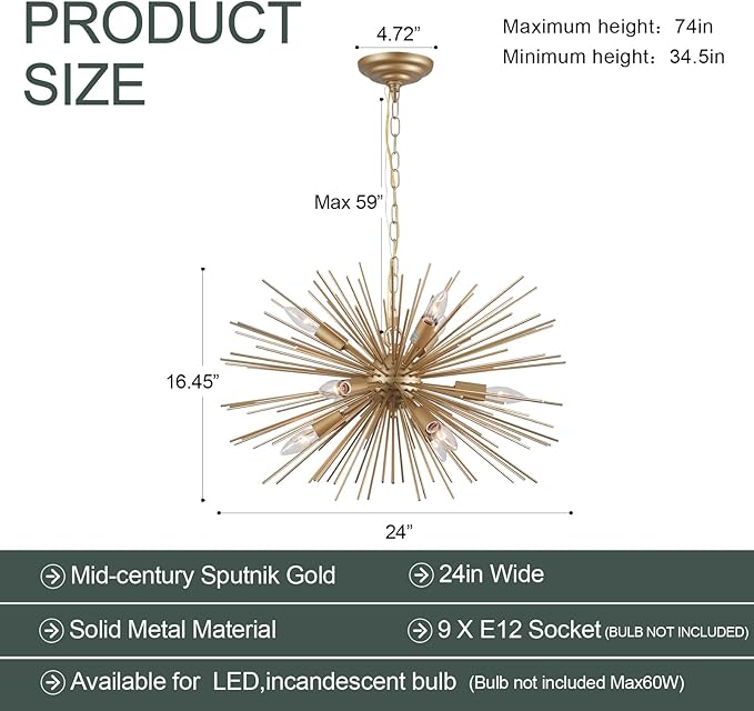 Modern Starburst Chandelier:9 Lights Gold Sputnik Light Fixture for Dining Room Living Room,Bedroom, Kitchen Room, Entryway,Foyer,24in