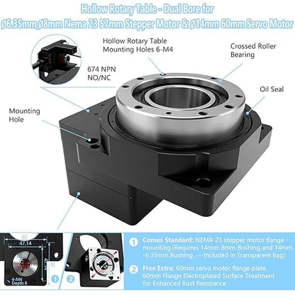 Hollow Rotary Actuator Ratio 10:1 Hollow Rotating Table Precision Rotary Reducer High Accuracy Hollow Rotary Platform for NEMA23 6.35mm 8mm Shaft/60 mm Servo Motor 14mm Shaft Alternative Cam Indexer