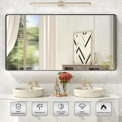 60x30 Inch Black Metal Framed Bathroom Mirror,Large Matte Black Vanity Mirror,Round Corner Rectangle Mirror for Wall,Tempered Glass,Anti-Rust(Horizontal/Vertical)