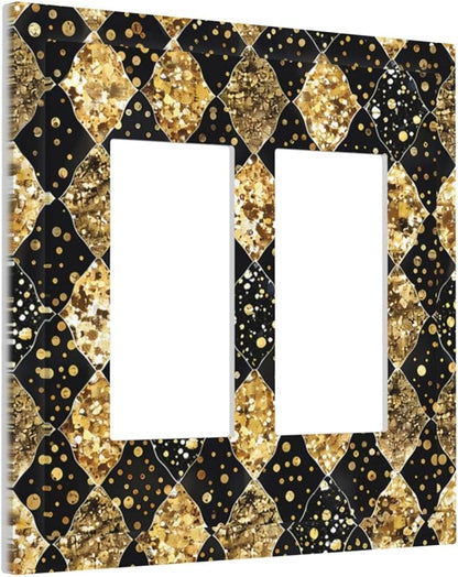 Gold Black Marble Geometric Plaid Glitter Decorative Outlet Covers 2 Gang Double GFCI Rocker Light Switch Cover Plate Electrical Wall Panels for Bedroom Bathroom Decor