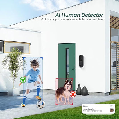 1080p Video Doorbell Camera Wireless with Chime, AI Human Detection, 2-Way Audio, FHD Live View, Wire-Free, Night Vision, Cloud Storage, Battery Powered, Indoor Outdoor Surveillance (Black)