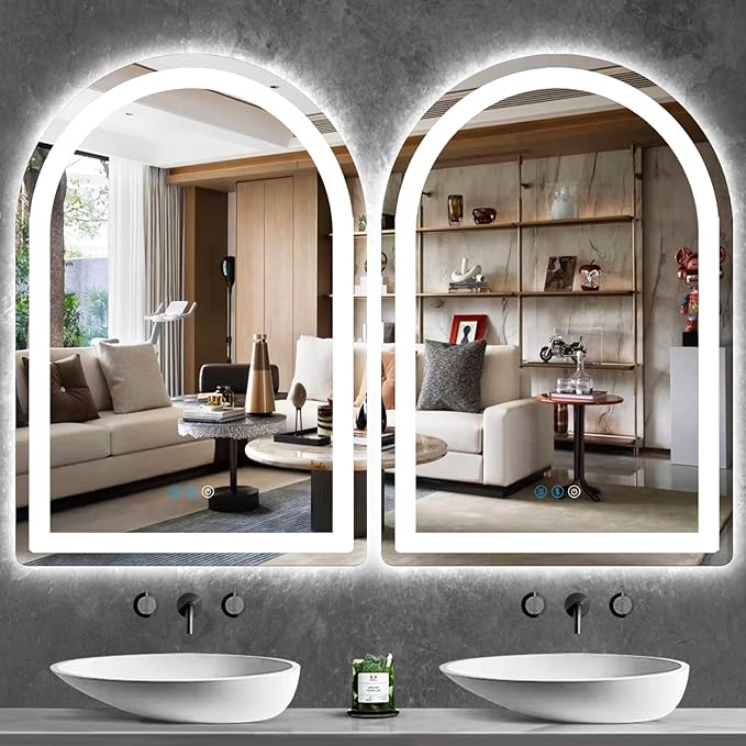 THEKLA 28 x 38 Inch LED Arched Bathroom Mirror with Lights Arch LED Mirror for Bathroom Wall Arched Lighted Mirror AntiFog Dimmable 3 Color 38 Smart LED Light up Table Vanity Arch Mirror with Light